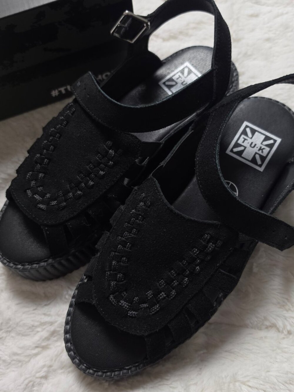 T.U.K. Black Suede Interlace Viva Mondo Creeper Sandals Size 9 EU 40 NWOT Box